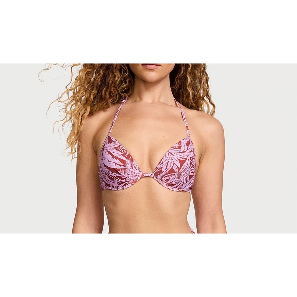 Victorias Secret Swim Pink Tropical Palm Push Up Halter Bikini Top‎ 32C 421735